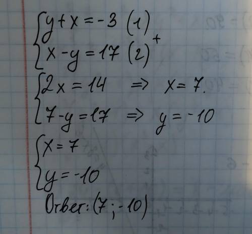 Реши систему уравнений: {y+x=−3 x−y=17