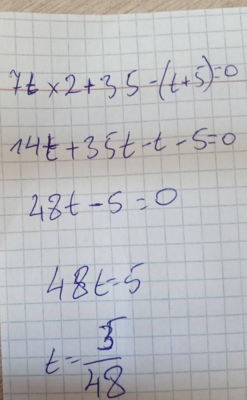 Реши уравнение: 7t2+35t−(t+5)=0.