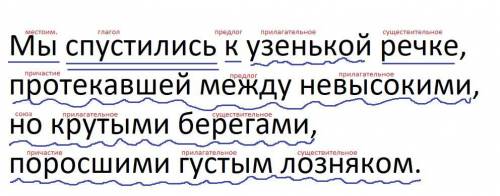 Сентаксический разбор предложение Мы спустились к узенькой речке (?) протекавшей между невысокими, н