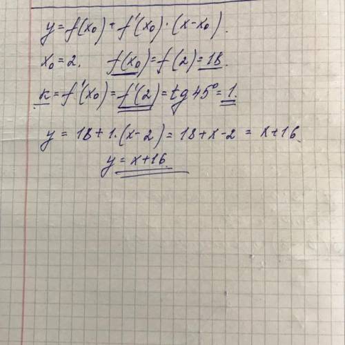 Касательная проведённая к графику функции y=f(x) Образует с осью Ox угол в 45 градусов. Напишите ура