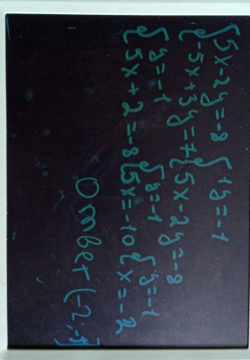 МНОГО (5x-2y=-8 (-5x+3y=7 Решить методом сложения систему уравнения (- это часть фигурной скобки УМО