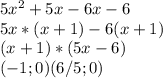 5x^{2} +5x-6x-6\\5x*(x+1)-6(x+1)\\(x+1)*(5x-6)\\(-1;0)(6/5;0)