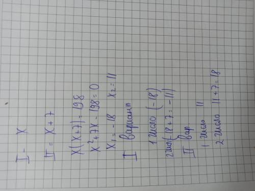 Добуток двох чисел 198,а одне число на 7 більше за друге. Знайти ці числа( скласти квадратне рівяння