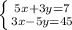 \left \{ {{5x+3y=7} \atop {3x-5y=45}} \right.