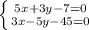 \left \{ {{5x+3y-7=0} \atop {3x-5y-45=0}} \right.