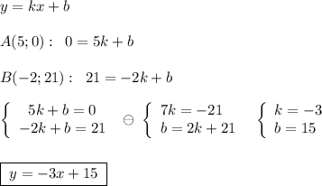 y=kx+b\\\\A(5;0):\; \; 0=5k+b\\\\B(-2;21):\; \; 21=-2k+b\\\\\left\{\begin{array}{c}5k+b=0\\-2k+b=21\end{array}\right\; \ominus \; \left\{\begin{array}{l}7k=-21\\b=2k+21\end{array}\right\; \; \left\{\begin{array}{l}k=-3\\b=15\end{array}\right\\\\\\\boxed {\; y=-3x+15\; }