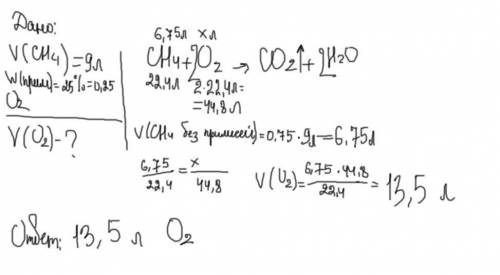 . Какой объем кислорода (н.у.) потребуется для сгорания 9 л метана, содержащего 25% негорючих примес