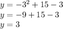 y = - {3}^{2} + 15 - 3 \\ y = - 9 + 15 - 3 \\ y = 3