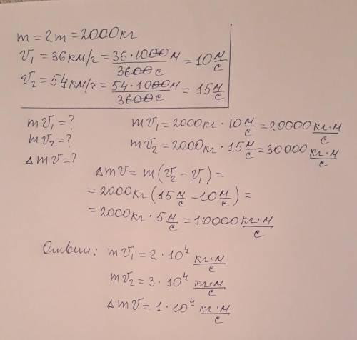 Автомобиль массой 2 т меняет скорость от 36 км / ч до 54км / час. Найти начальный, конечный его импу