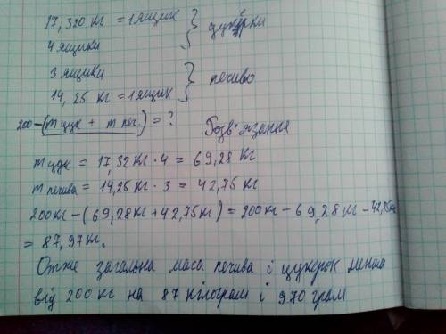 У магазин привезли 4 ящики цукерок 17 кг 320 грам кожний і з 3 ящиків печева по 14 кг 250 грам На ск