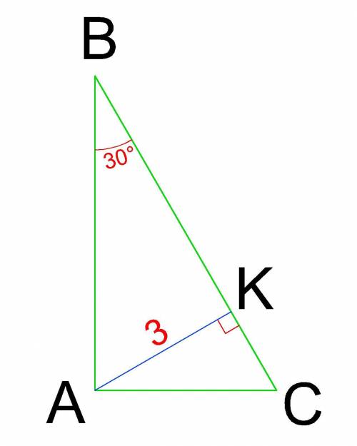 У прямокутному трикутнику висота яка опущена з вершини прямого кута дорівнює 3 см а гострий кут 30 з