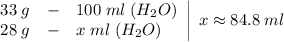 \left.\begin{array}{rcl}33\;g & - & 100\;ml\;(H_2O) \\28\;g & - & x\;ml\;(H_2O)\end{array}\right|\;x \approx 84.8\;ml