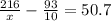 \frac{216}{x} -\frac{93}{10}=50.7