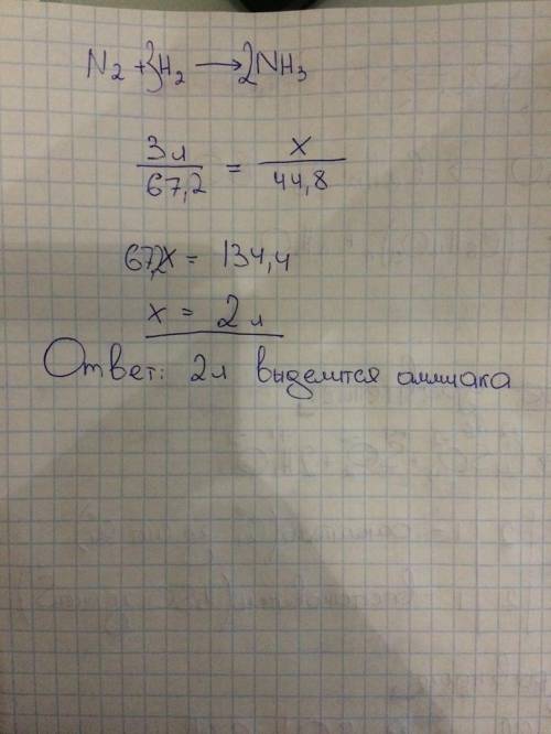 Сколько амиака выделится в результате взаимодействия азота и водорода обьемом 3 литра?