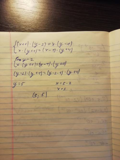 решить. розвьязать систему линийних ривнянь пидстановки. (х+1)(у-2)=х(у-1), х(у+1)=(х-1)(у+4)​