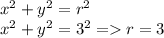 {x}^{2}+{y}^{2}= {r}^{2} \\ {x}^{2} + {y}^{2} = {3}^{2} = r = 3