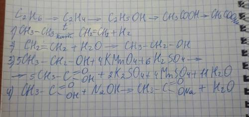 9. Складіть можливі рівняння реакцій за схемою перетворень : С2Н6 → С2Н4 → С2Н5ОН → СН3СООН→ СН3СООN