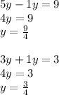 5y - 1y = 9 \\ 4y = 9 \\ y = \frac{9}{4 } \\ \\ 3y + 1y = 3 \\ 4y = 3 \\ y = \frac{3}{4 } \\