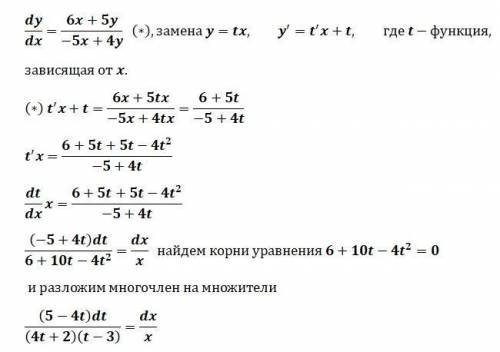 Розв'язати однорідне диференційне рівняння першого порядкуdy/dx=(6x+5y)/(-5x+4y)