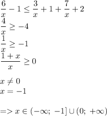\dfrac{6}{x}-1\le \dfrac{3}{x}+1+\dfrac{7}{x}+2\\\dfrac{4}{x}\ge -4\\\dfrac{1}{x}\ge-1\\\dfrac{1+x}{x}\ge0\\\\x\ne0\\x=-1\\\\=x\in(-\infty;\; -1]\cup(0;\;+\infty)