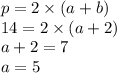 p = 2 \times (a + b) \\ 14 = 2 \times (a + 2) \\ a + 2 = 7 \\ a = 5