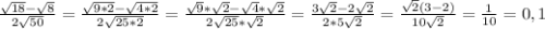 \frac{\sqrt{18}-\sqrt{8} }{2\sqrt{50} }=\frac{\sqrt{9 * 2}-\sqrt{4 * 2} }{2\sqrt{25*2} }=\frac{\sqrt{9}*\sqrt{2} -\sqrt{4}*\sqrt{2} }{2\sqrt{25}*\sqrt{2} }=\frac{3\sqrt{2} -2\sqrt{2} }{2*5\sqrt{2} }=\frac{\sqrt{2}(3 -2) }{10\sqrt{2} }=\frac{1}{10} =0,1