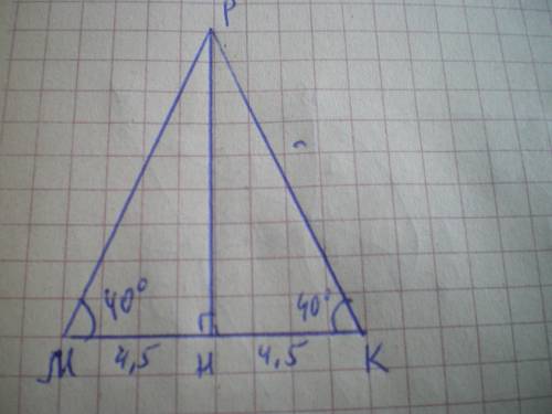 В равнобедренном треугольнике MPK стороны MP и PK равны, угол К=40 градусов, MK=9 см. Из вершины P п