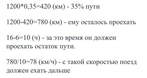 Поезд должен проехать расстояние 1200 км за 16 часов. Оказалось, что первые 35% пути он преодолел за