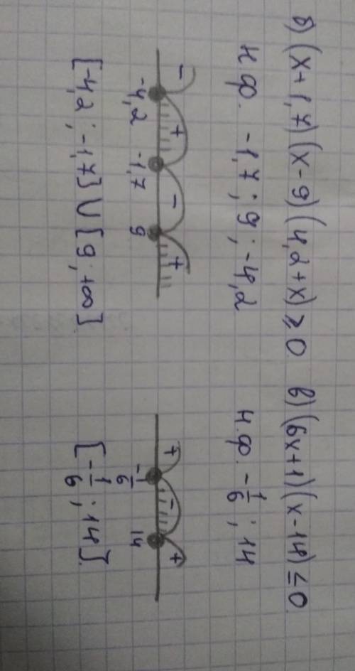 Решите неравенство методом интервалов: б) (х + 1,7)(х – 9)(4,2 + х) >= 0 в) (6х + 1)(х – 14) <