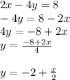 2x-4y=8\\-4y=8-2x\\4y=-8+2x\\y=\frac{-8+2x}{4} \\\\y=-2+\frac{x}{2}