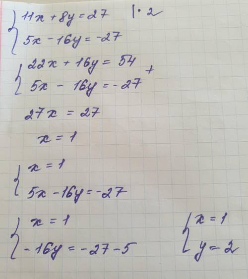 K-09. Вариан3. Решите систему уравнений{ 1 1х +8y = 27,{ 5x - 16y = -27.​