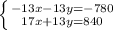 \left \{ {{-13x-13y=-780} \atop {17x+13y=840}} \right.