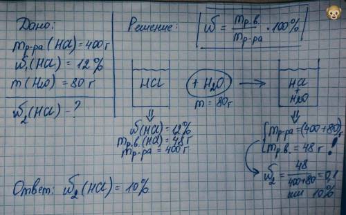 К 400 г раствора соляной кислоты с массовой долей кислоты в растворе 12% доли 80 г воды. вычислите м