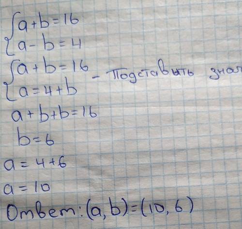 Реши систему уравнений методом алгебраического сложения: {a+b=16 a−b=4 а= b=