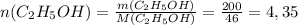 n(C_2H_5OH) = \frac{m(C_2H_5OH)}{M(C_2H_5OH)} =\frac{200}{46} = 4,35