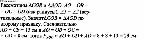 Отрезки АВ и CD-диаметры окружности с центром О. Найдите периметр треугольника АОD, если известно, ч