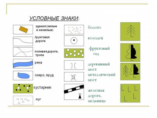 Условные знаки с которых обозначают леса болота луга