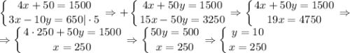 \displaystyle \left \{ {{4x+50=1500} \atop {3x-10y=650 |\cdot 5}} \right. \Rightarrow +\left \{ {{4x+50y=1500} \atop {15x-50y=3250}} \right. \Rightarrow \left \{ {{4x+50y=1500} \atop {19x=4750}} \right. \Rightarrow \\ \Rightarrow \left \{ {{4\cdot 250+50y=1500} \atop {x=250}} \right. \Rightarrow \left \{ {{50y=500} \atop {x=250}} \right. \Rightarrow \left \{ {{y=10} \atop {x=250}} \right.