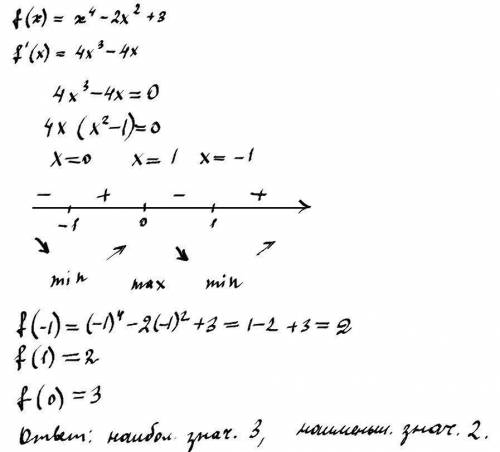 Найти наибольшее и наименьшее значение функцииy=x^4-2x^2-3 на промежутке [0;2]​