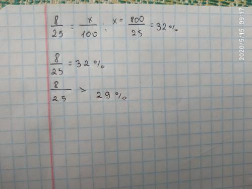 Сравни 8/25 и 29% приведя оба числа к процентам