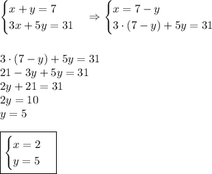 \begin{cases}x+y=7\\3x+5y=31\end{cases}\Rightarrow\begin{cases}x=7-y\\3\cdot(7-y)+5y=31\end{cases}\\\\\\3\cdot(7-y)+5y=31\\21-3y+5y=31\\2y+21=31\\2y=10\\y=5\\\\\boxed{\begin{cases}x=2\\y=5\end{cases}}