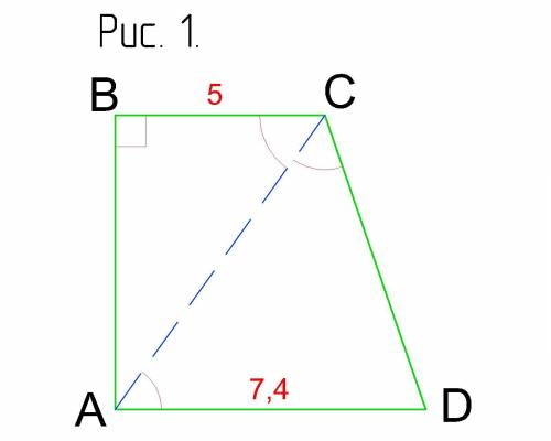 В прямоугольной трапеции основания равны 5 и 7,4. Меньшая диагональ есть биссектрисой тупого угла. В