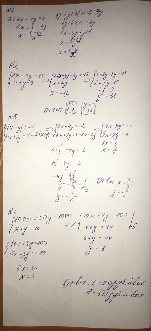 Вариант 1 1 Выразите x через y: а) 6x + 2y = 8 б) –6y + 6(x+1) = 3y 2 Решите систему методом подстан