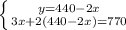 \left \{ {{y = 440 - 2x} \atop {3x + 2(440-2x) = 770}} \right.