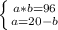 \left \{ {{a*b=96} \atop {a=20-b}} \right.