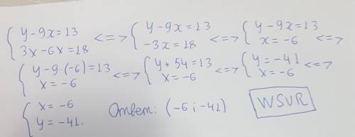 решить систему уравнений y-9x=13 3x-6x=18