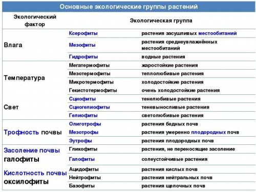 Таблица по экологическим группам растений