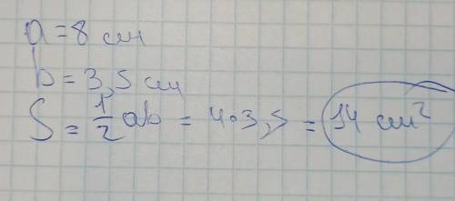Катети прямокутного трикутника дорівнюють 8 см і 3,5 см. Знайдіть площу цього трикутника.