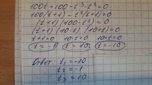 Реши уравнение 100t+100−t3−t2=0. t1= ;t2= ;t3= . (Запиши корни уравнения в окошках в порядке возраст