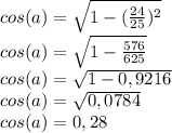 cos(a)=\sqrt{1-(\frac{24}{25})^{2} } \\cos(a)=\sqrt{1-\frac{576}{625}} \\cos(a)=\sqrt{1-0,9216 } \\cos(a)=\sqrt{0,0784 } \\cos(a)= 0,28